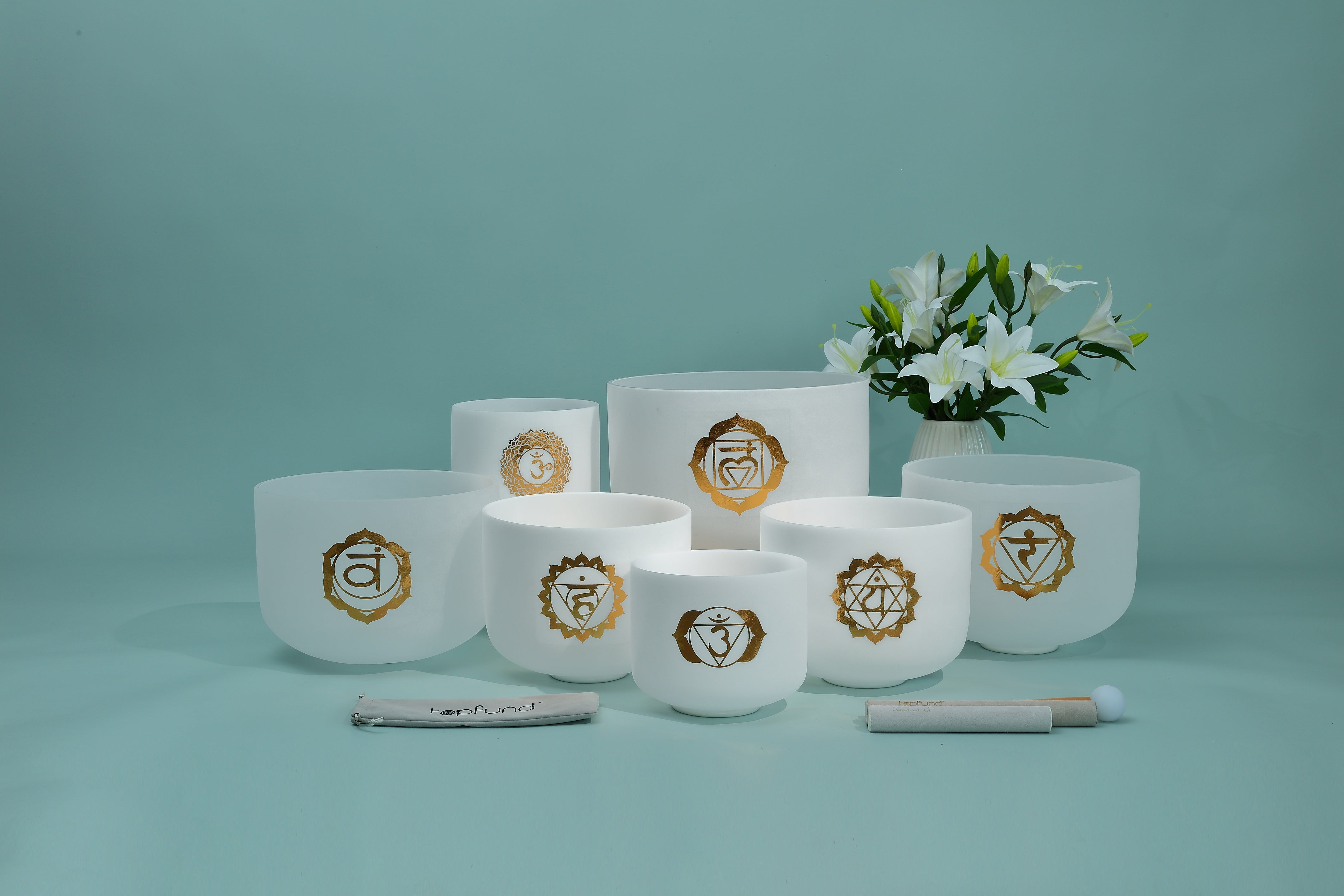 TOPFUND 432Hz Gold Patterns Chakra Set of 7 Crystal Singing Bowls 6-12 inch - TOPFUND Crystal Singing Bowl